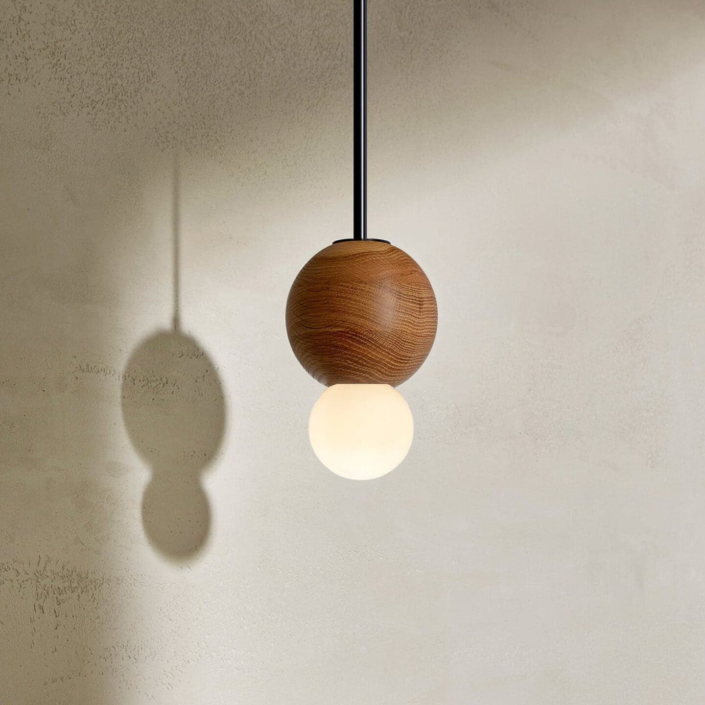 Bright Beads Sphere Pendant in Oak & Brushed Black with Solid Rod
